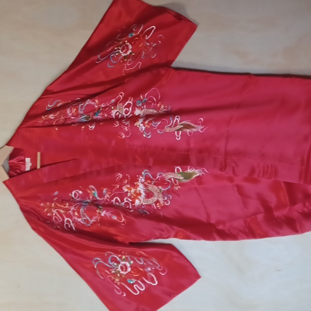 Plum Blossoms Embroidered Robe, Vintage, Authentic Made In China, Red Satin